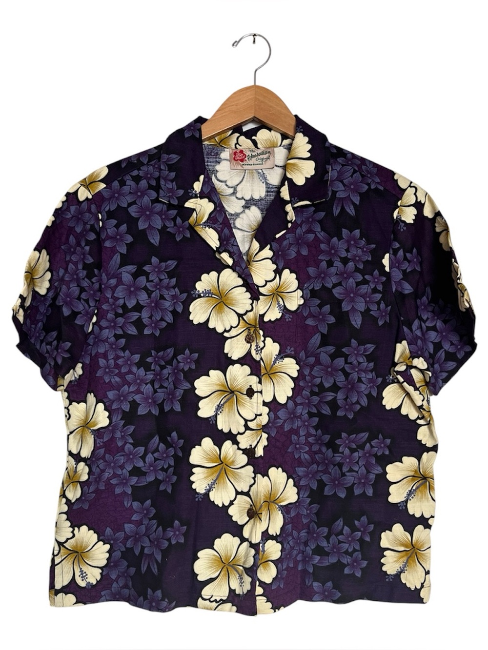 Hilo Hattie Hawaiian Shirt Button Short Sleeve Hibiscus Crop Barkcloth Large